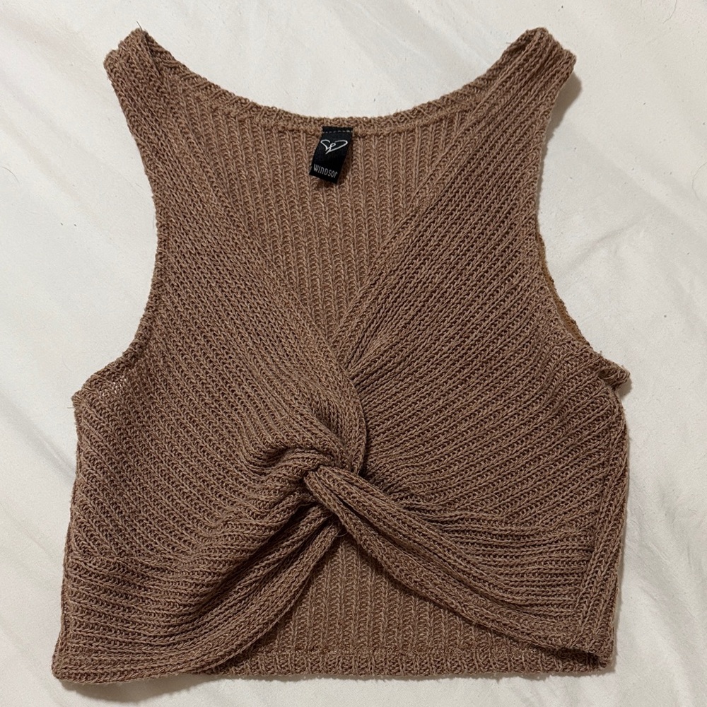 Knitted Twist Front Crop Top - Brown